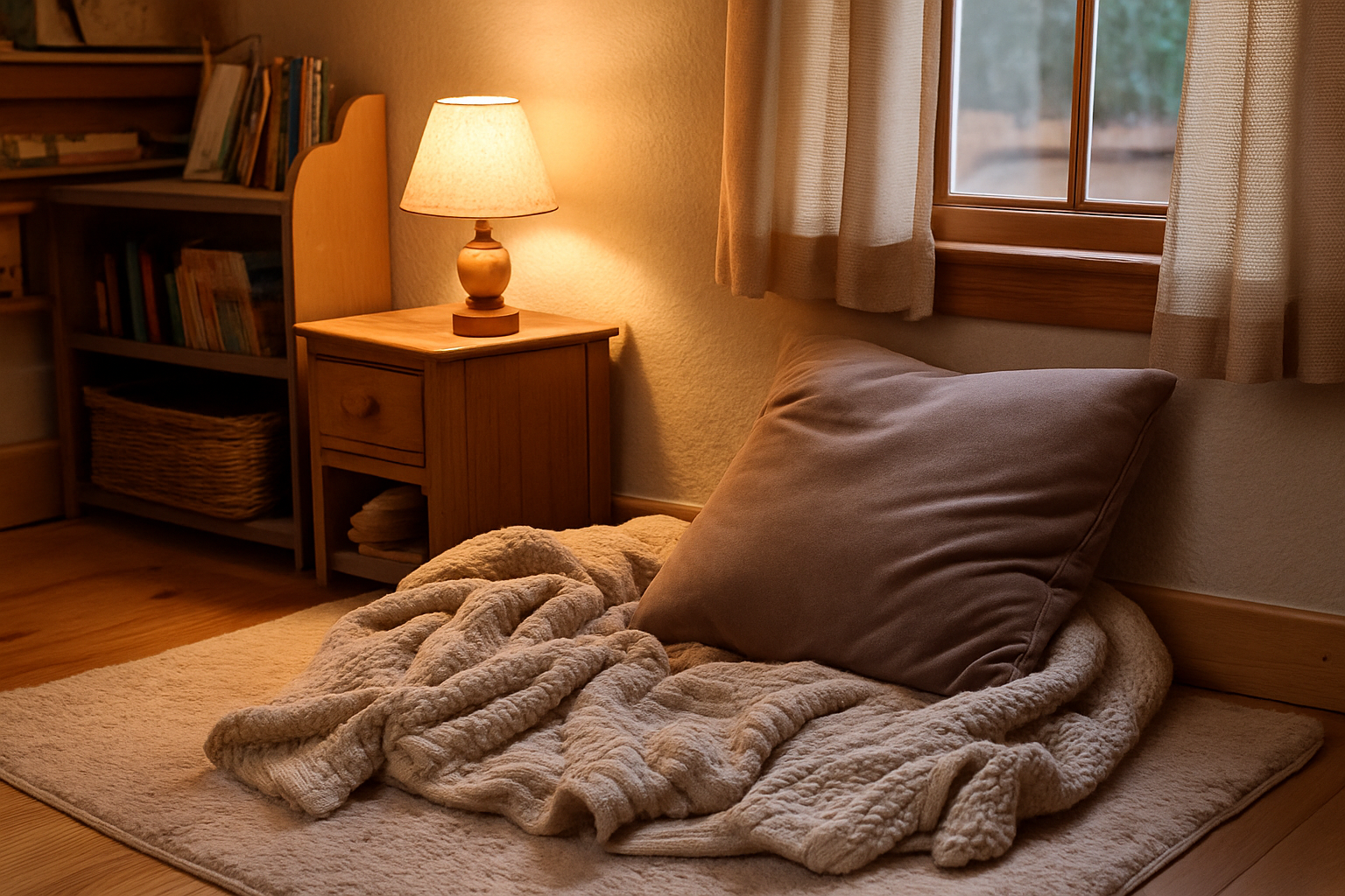 Ruhige gemütliche Ecke in einem Zimmer mit Decke und Kissen auf dem Boden.