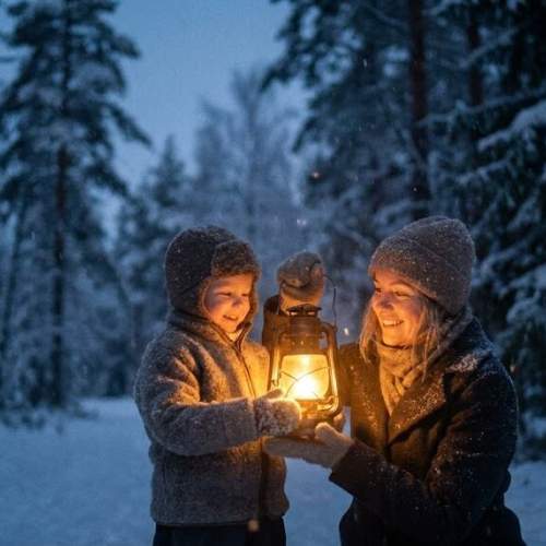 Eine Mutter ist mit ihrem Sohn im Wald und es Schneit.