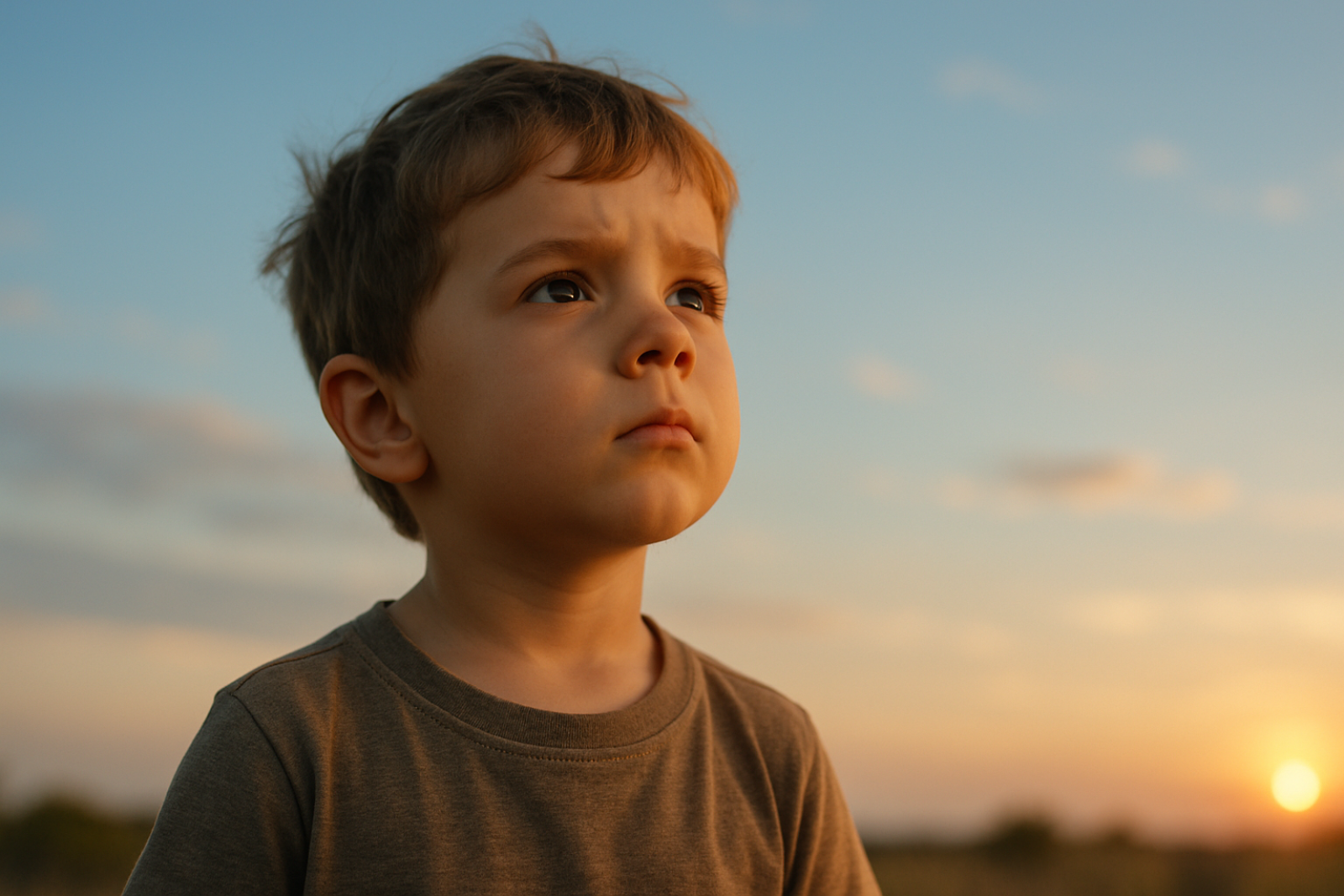Ein kleiner Junge schaut neugierig Richtung Sonnenuntergang.