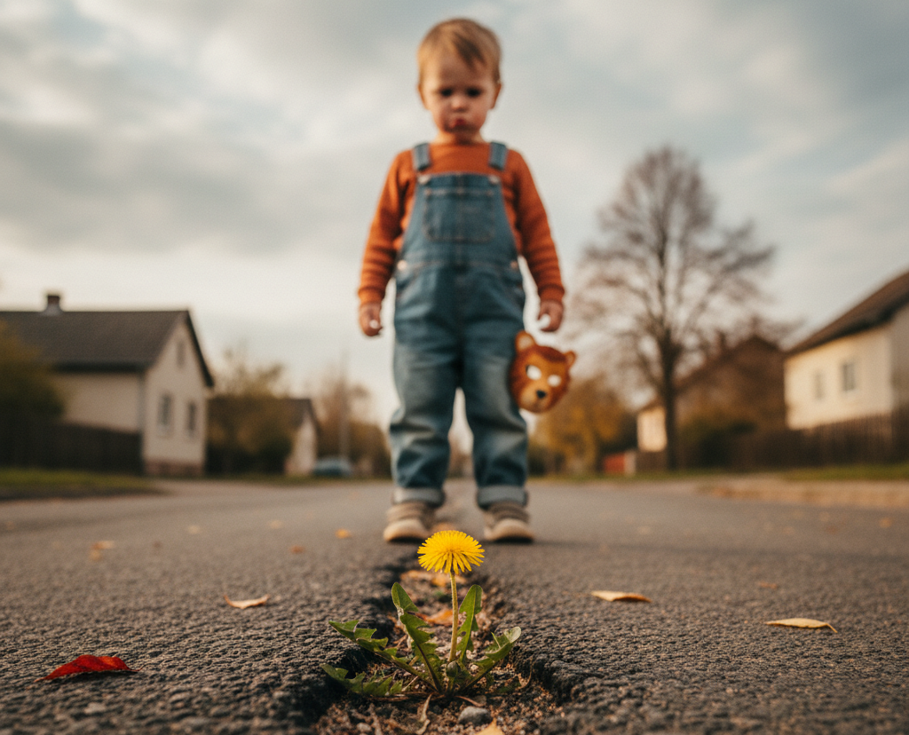 Ein Kind steht wütend auf der Straße vor einem Löwenzahn.