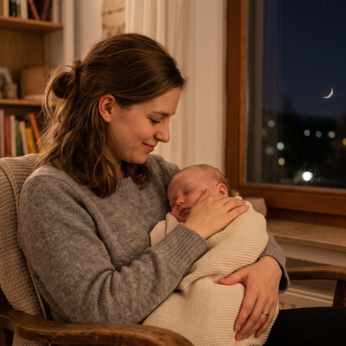 Vorgeburtlicher Neumond: Eine Mutter hält ihr Baby im Arm und blickt in den nächtlichen Himmel.