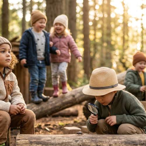 Eine Gruppe Kinder spielt zusammen draußen im Wald.