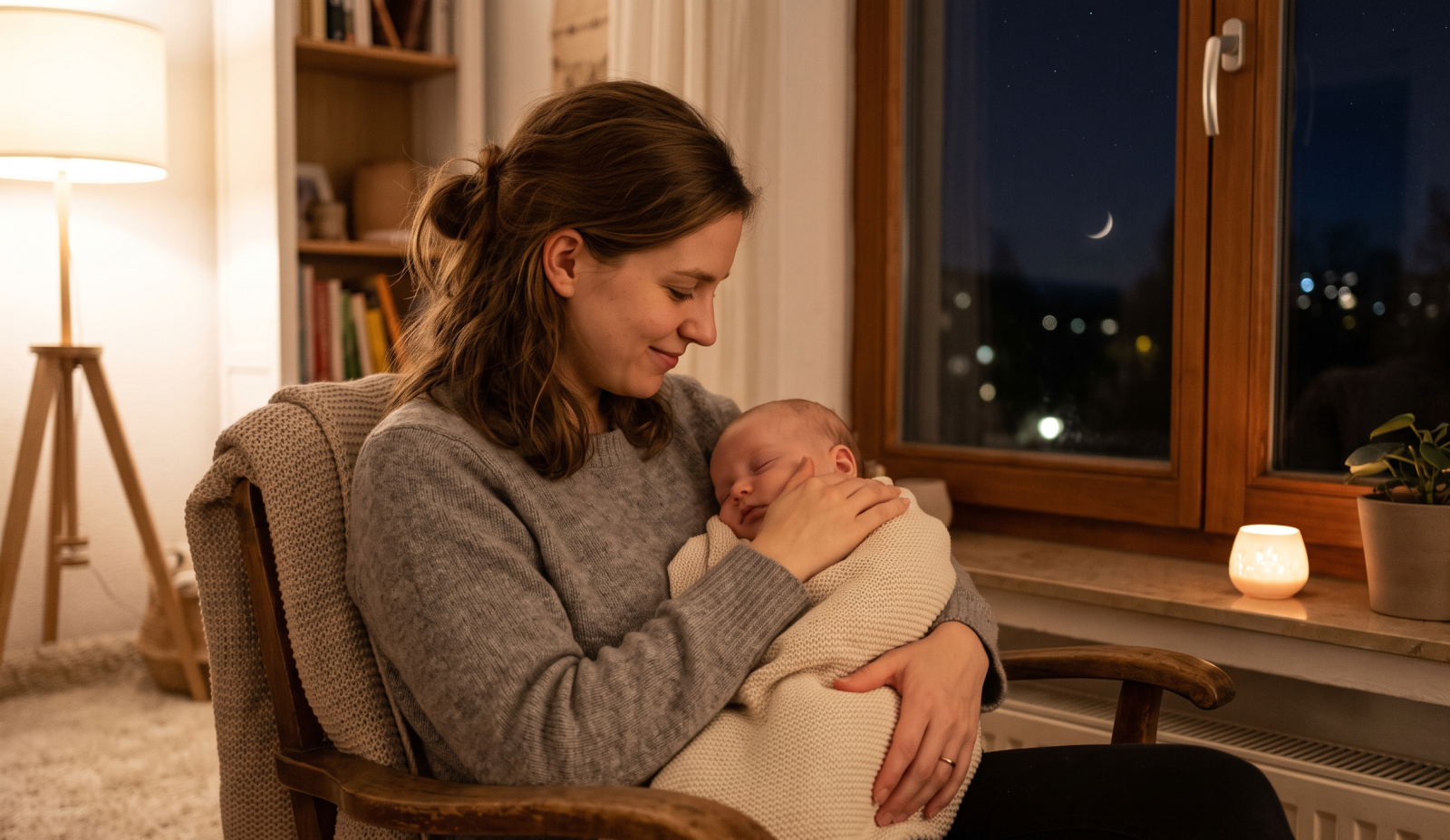 Vorgeburtlicher Neumond: Eine Mutter hält ihr Baby im Arm und blickt in den nächtlichen Himmel.