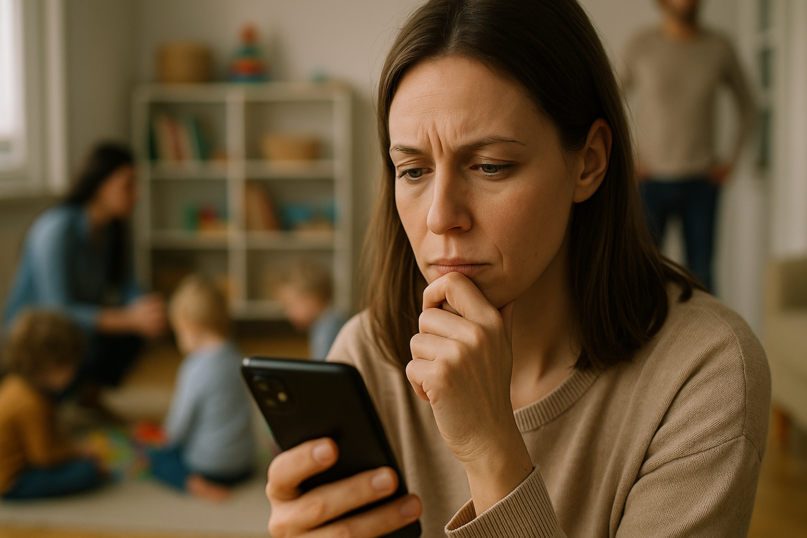 Eine Frau schaut in einem Kindergarten kritisch auf ihr Smartphone.
