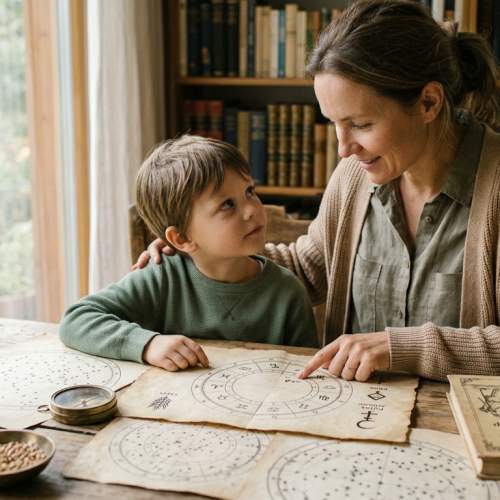 Eine Mutter schaut sich mit ihrem Sohn die Astrologie an.