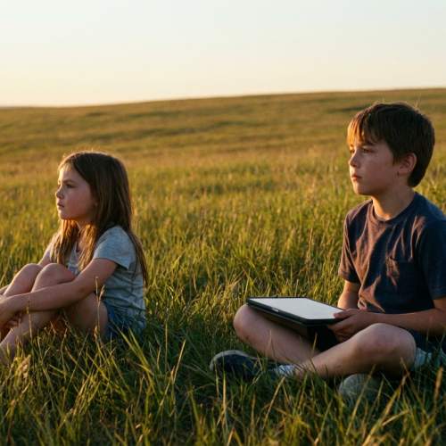 Zwei Kinder sitzen zusammen auf einer Wiese.