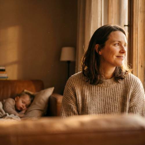 Eine Mutter schaut zufrieden aus dem Fenster während ihr Baby schläft.