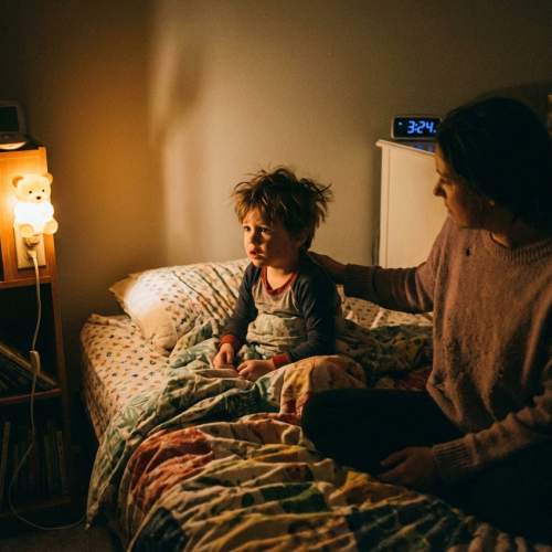Ein kleiner Junge sitzt neben seiner Mutter auf dem Bett und hatte einen Albtraum.