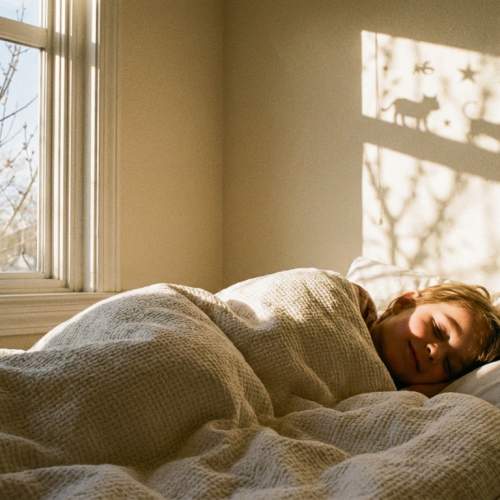 Ein junge schläft friedlich im Bett und träumt schön.