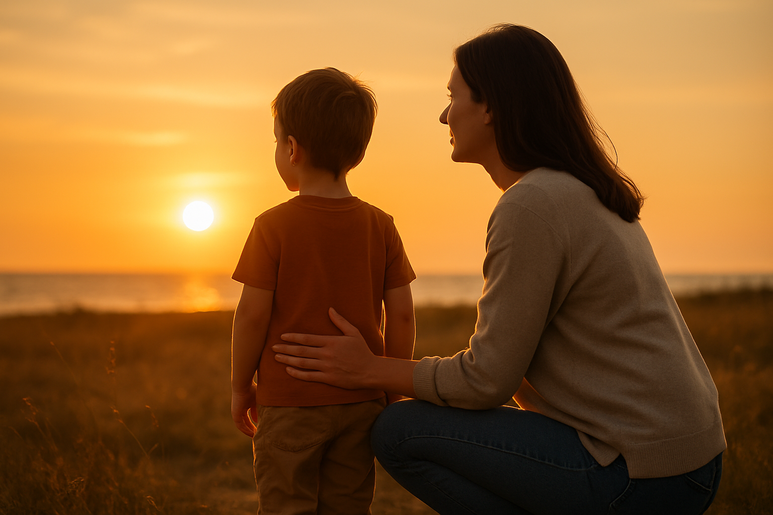 Eine Mutter schaut sich mit ihrem Sohn auf Augenhöhe den Sonnenuntergang an.
