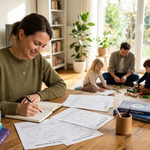 Eine Mutter schaut sich ihr Horoskop an, während der Mann und die Kinder spielen.