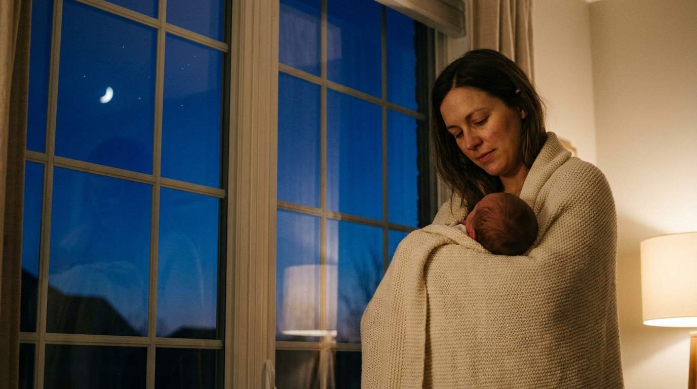 Eine Mutter trägt ihr Baby auf dem Arm.