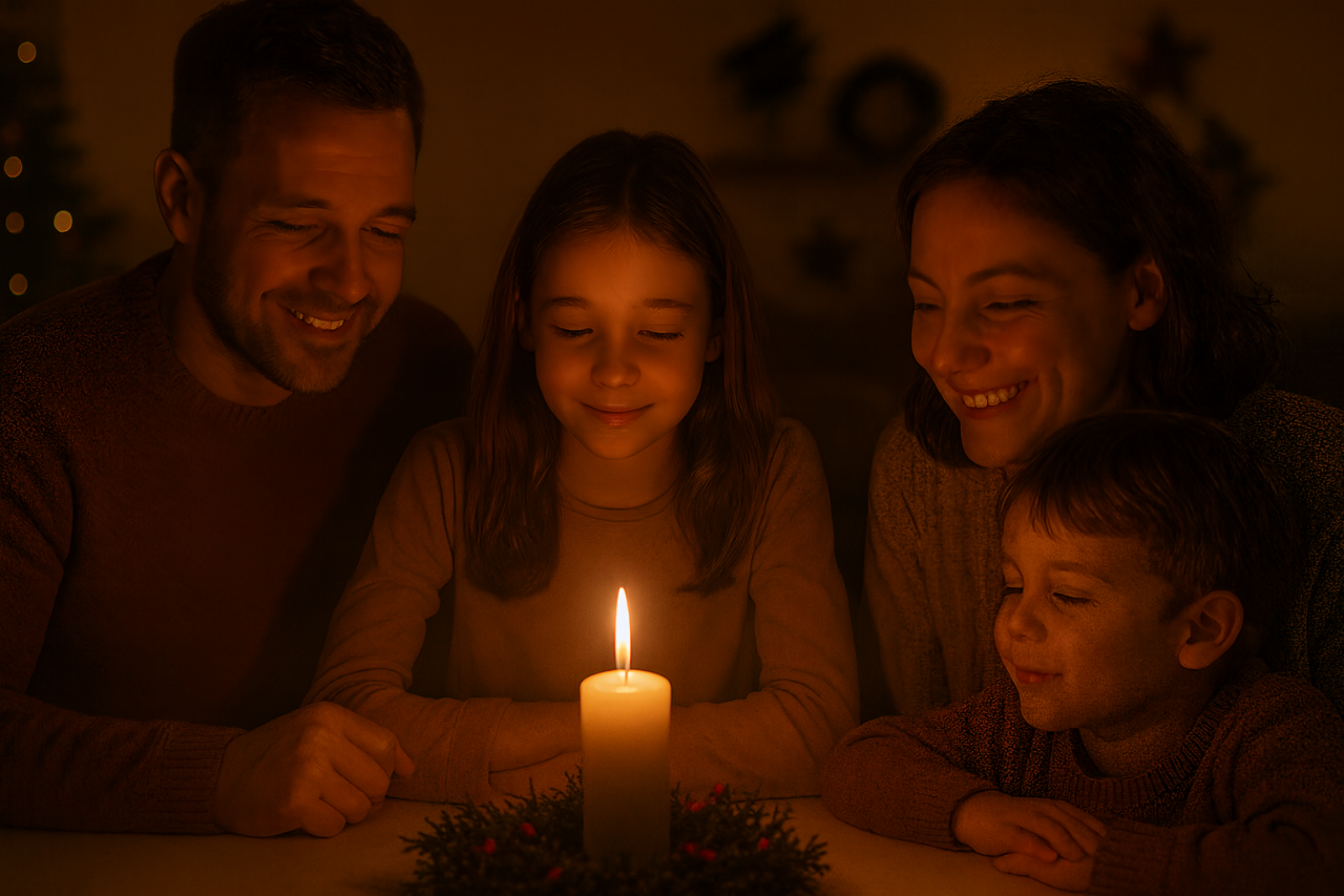 Familie schaut auf eine brennende Adventskerze.