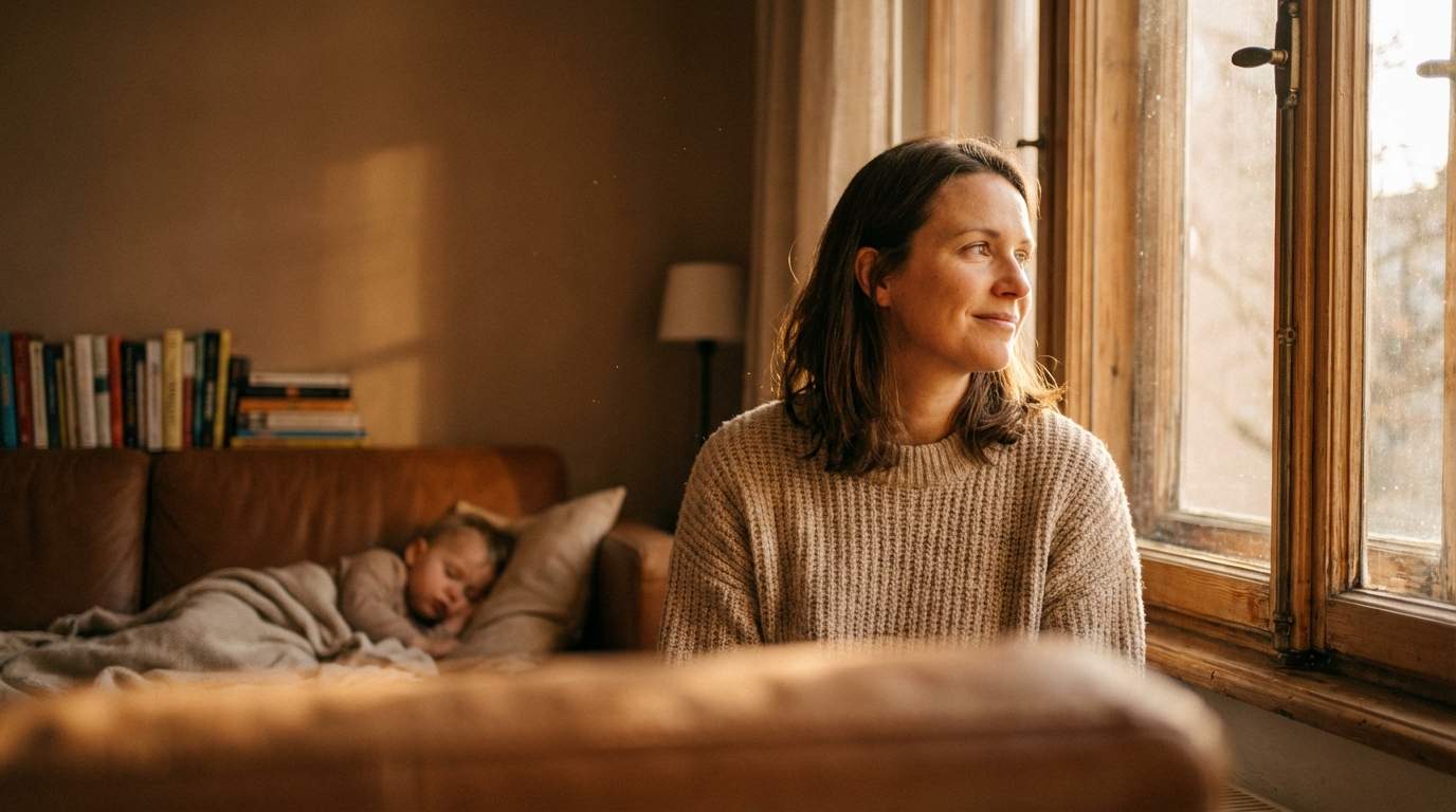 Eine Mutter schaut zufrieden aus dem Fenster während ihr Baby schläft.