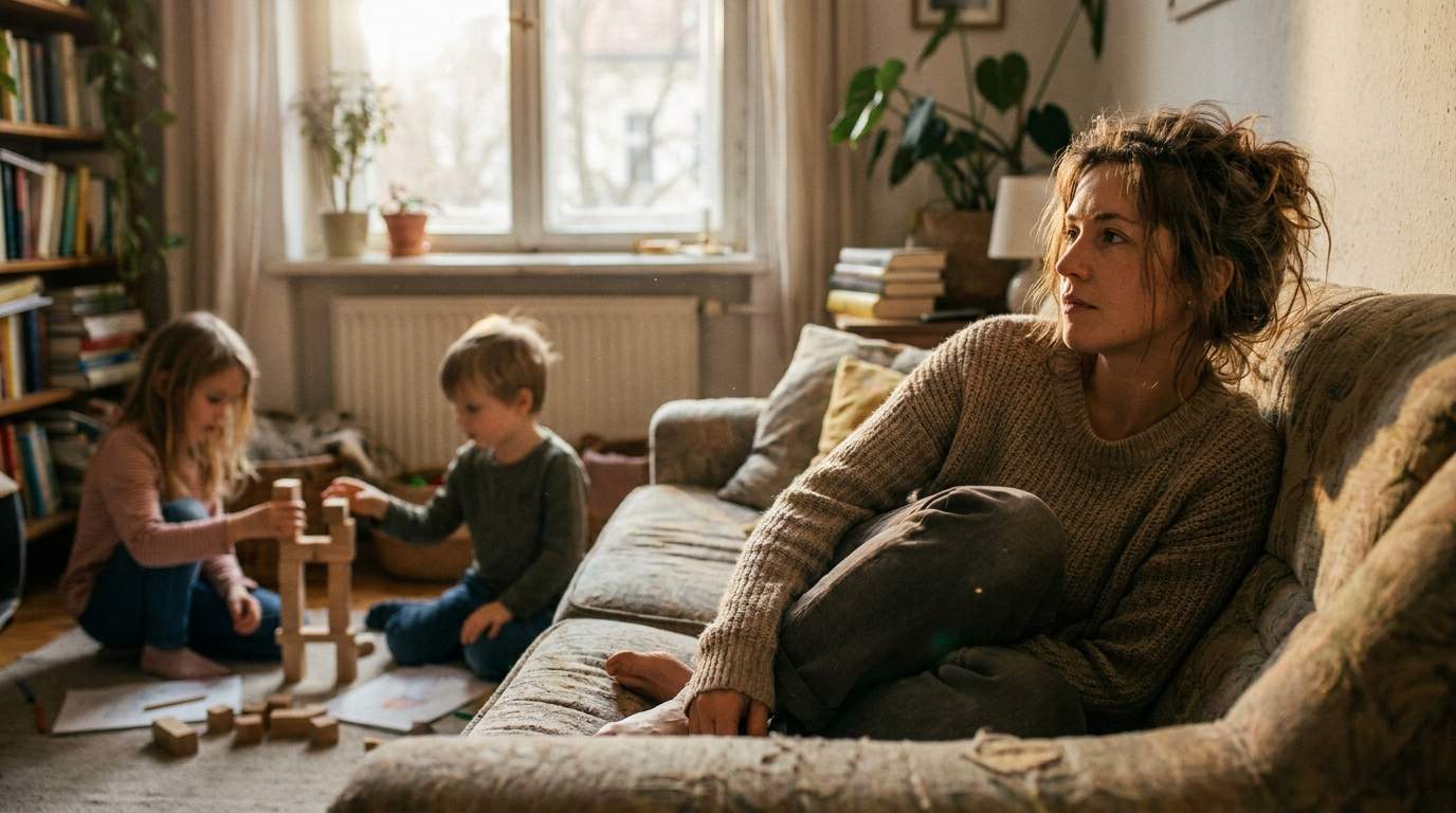 Eine Mutter sitzt nachdenklich auf dem Sofa, während die Kinder spielen.