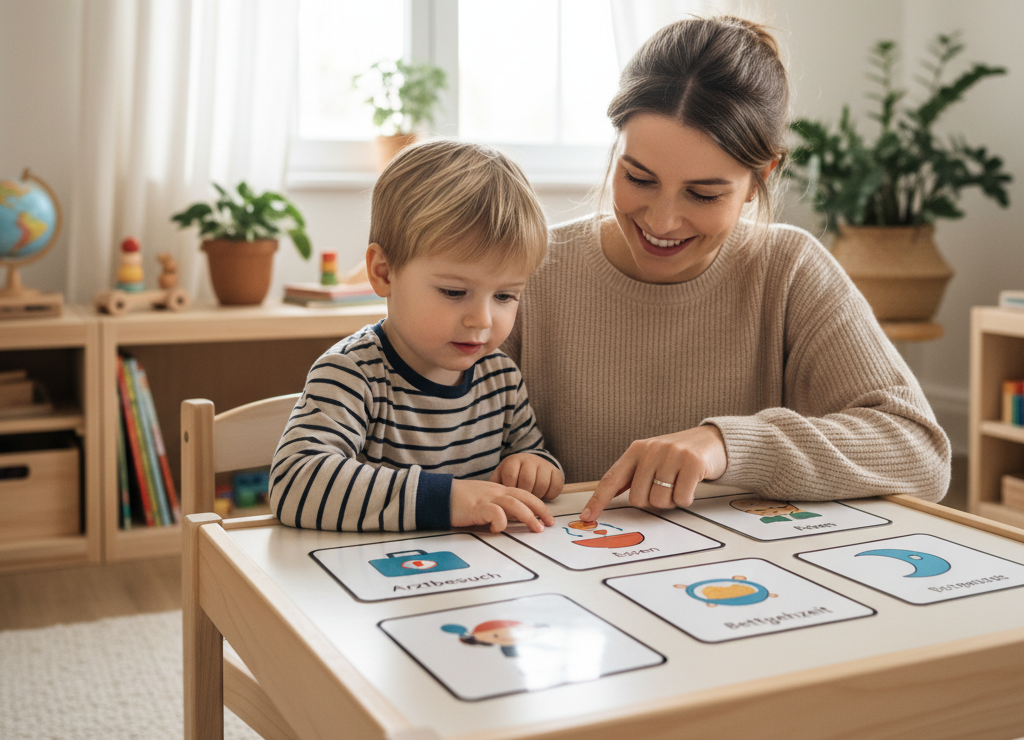 Mutter spielt mit ihrem Kind mit Bildkarten.