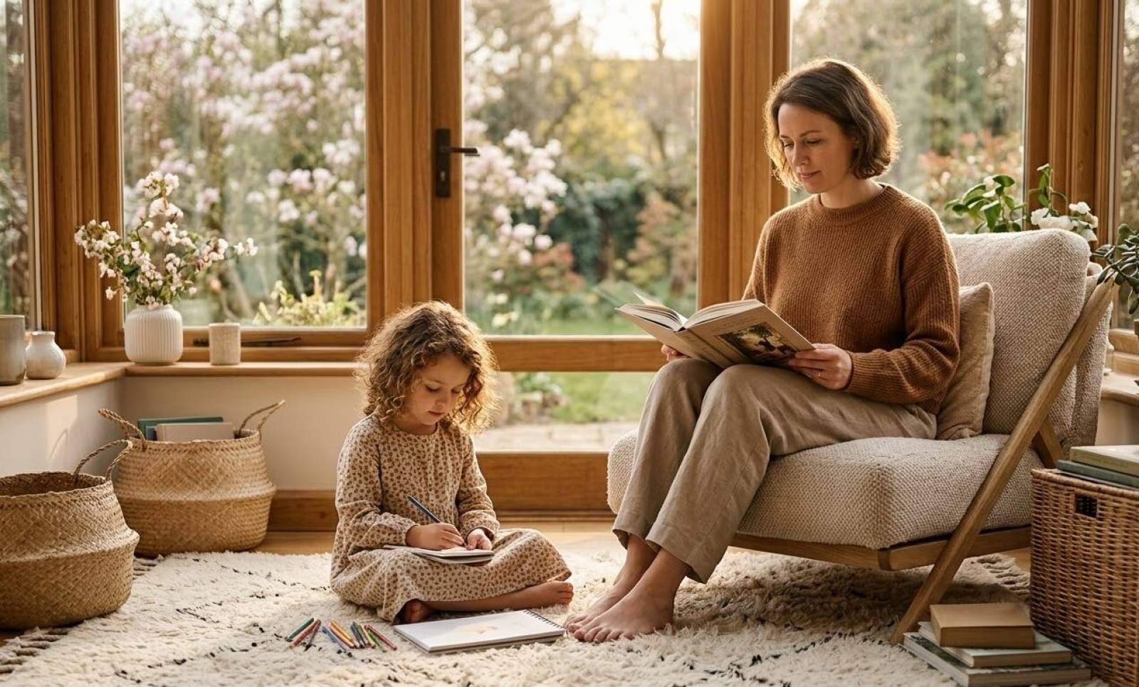 Eine Mutter sitzt mit ihrer Tochter da und beide lesen etwas.