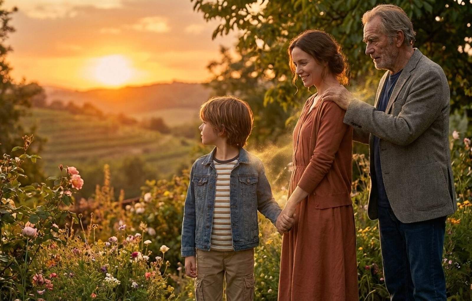 3. Generationen einer Familie auf einem Bild: Großvater, Mutter und Sohn vor einem Sonnenuntergang auf einer Wiese.