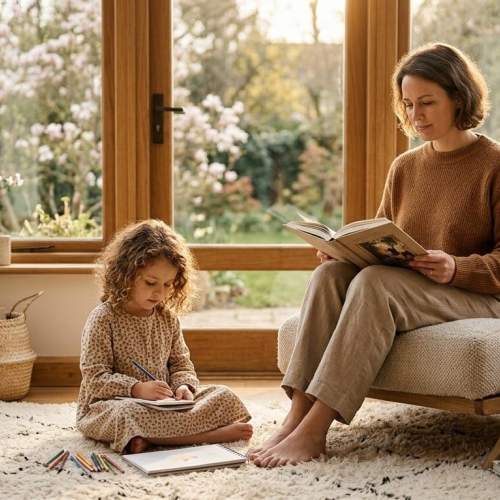 Eine Mutter sitzt mit ihrer Tochter da und beide lesen etwas.