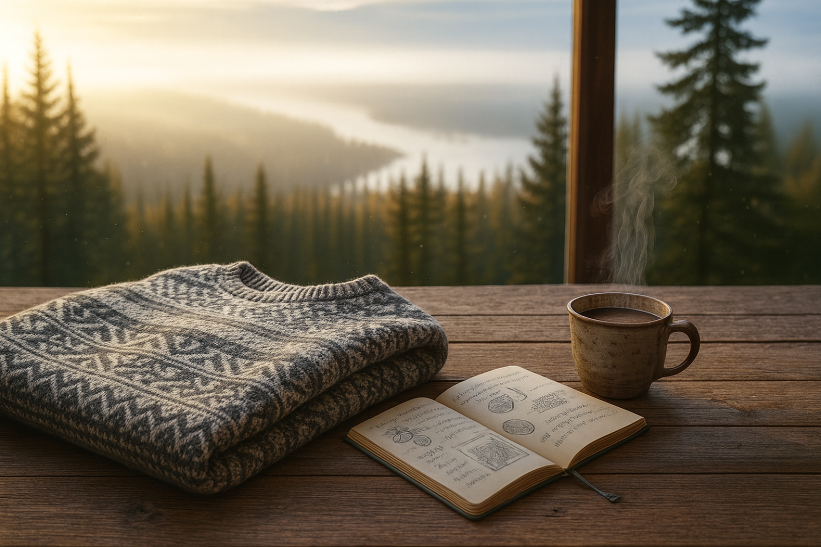 Ein warmer Strickpulloverliegt mit einem Notizbuch und einer Tasse warmen Kako auf einer Fensterbank