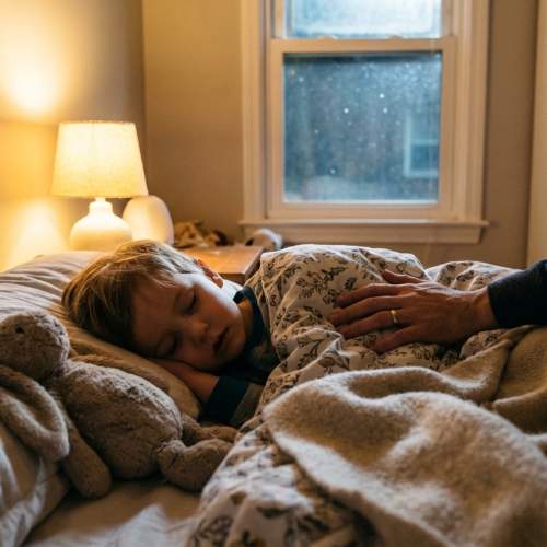 Ein kleiner Junge liegt schlafend im Bett und wird von den Eltern begleitet.