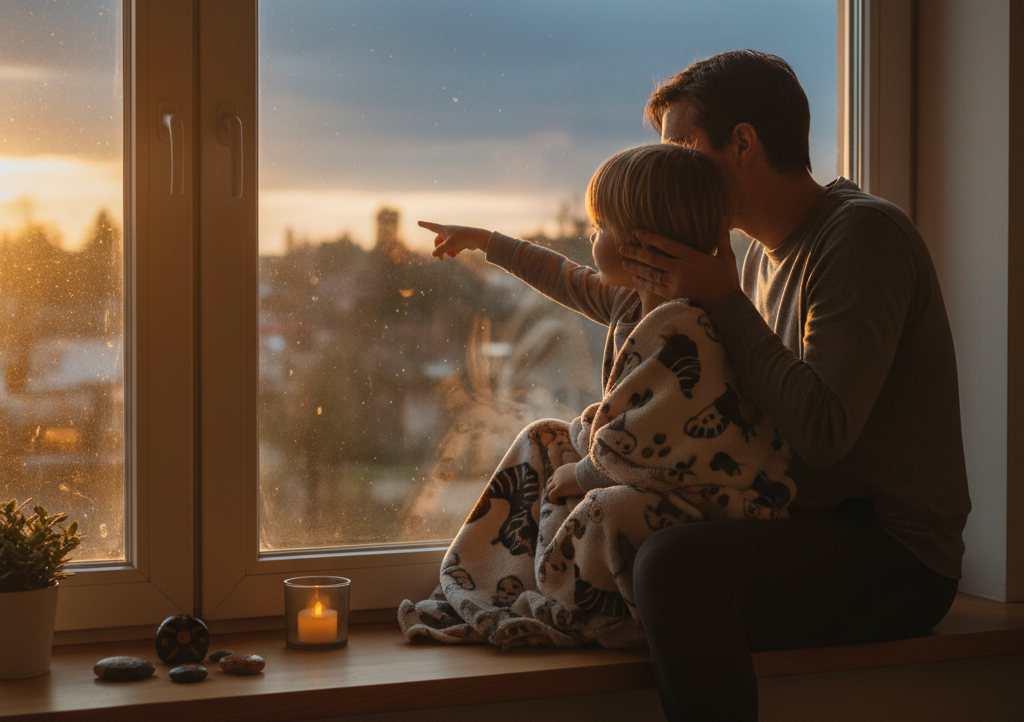 Vater sitzt mit seinem Kind auf der Fensterbank und schaut in den Himmel.