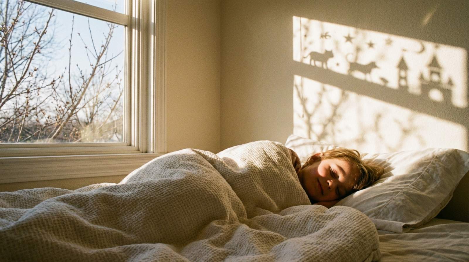 Ein junge schläft friedlich im Bett und träumt schön.