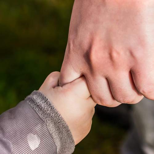 Die Hand eines Kindes hält die Hand eines Erwachsenen.