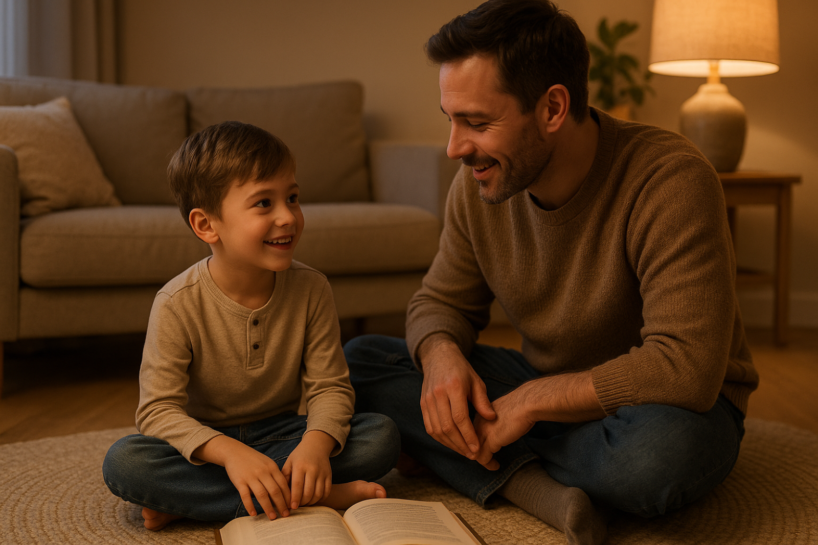 Vater und Sohn sitzen zusammen auf dem Boden und lesen ein Buch.