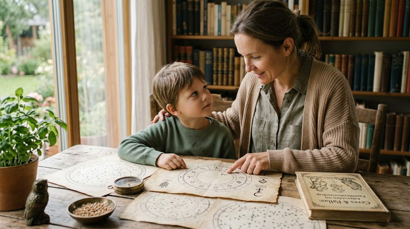 Eine Mutter schaut sich mit ihrem Sohn die Astrologie an.