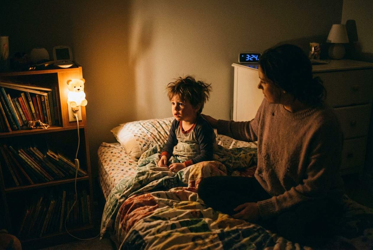 Ein kleiner Junge sitzt neben seiner Mutter auf dem Bett und hatte einen Albtraum.