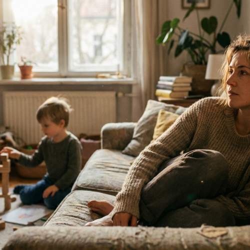 Eine Mutter sitzt nachdenklich auf dem Sofa, während die Kinder spielen.
