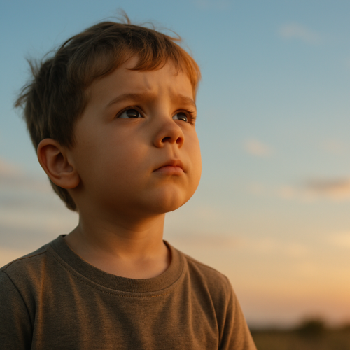Ein kleiner Junge schaut neugierig Richtung Sonnenuntergang.