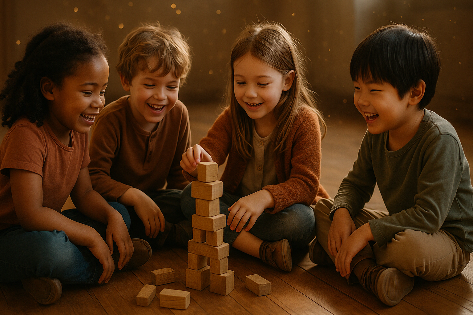 Eine Gruppe Kinder spielt mit Holzglötzen auf dem Boden.