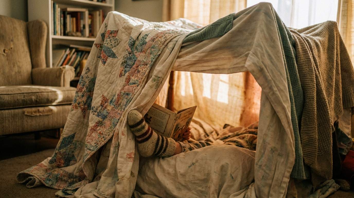 Rückzugsort für Kinder. Eine Höhle aus Kissen und Decken.