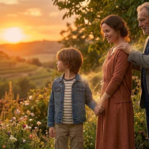 3. Generationen einer Familie auf einem Bild: Großvater, Mutter und Sohn vor einem Sonnenuntergang auf einer Wiese.
