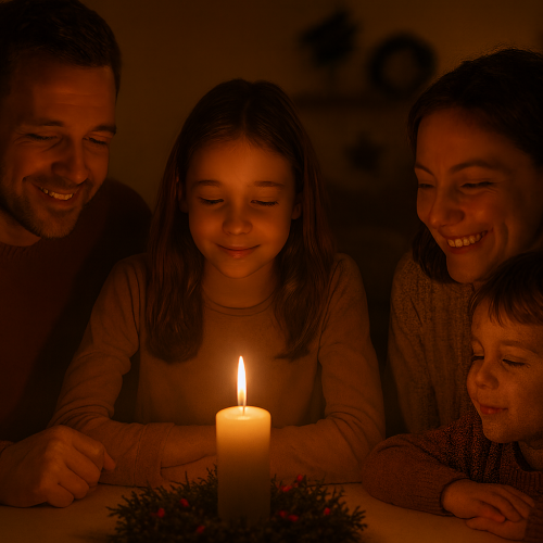 Familie schaut auf eine brennende Adventskerze.
