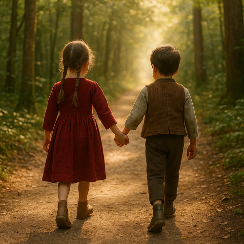 Ein Junge und ein Mädchen laufen Hand in Hand durch einen Wald.
