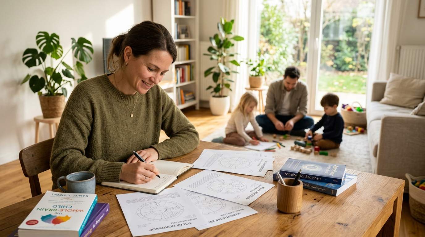 Eine Mutter schaut sich ihr Horoskop an, während der Mann und die Kinder spielen.