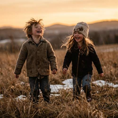 Zwei Kinder stehen zusammen auf einem großen Feld.