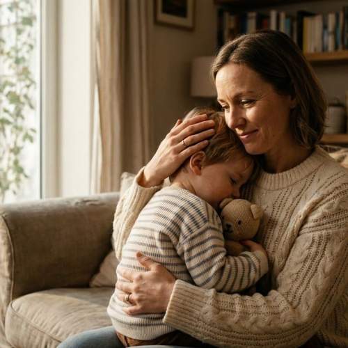 Eine Mutter hält zufrieden ihren Sohn im Arm.