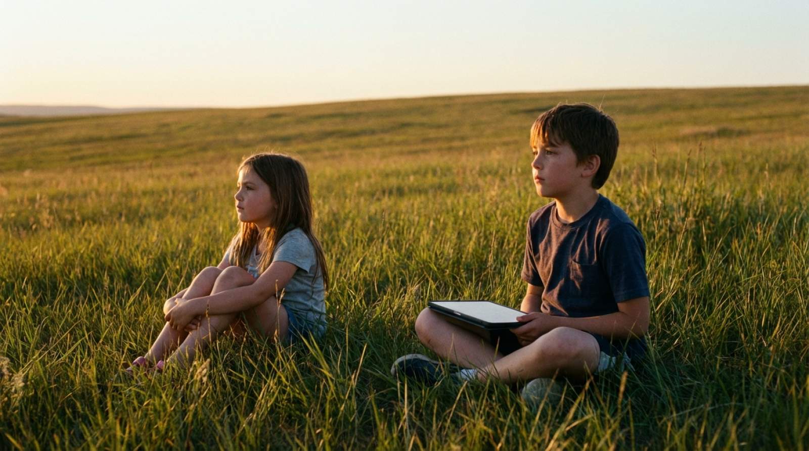 Zwei Kinder sitzen zusammen auf einer Wiese.