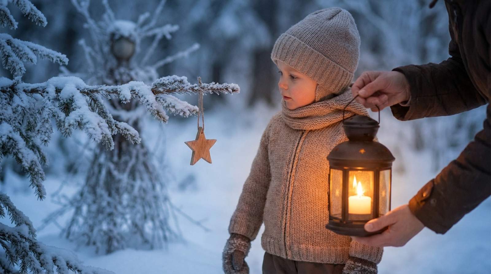 EIn Kind schaut auf einen Holzstern an einem Tannenbaum in einem Wald voller Schnee.
