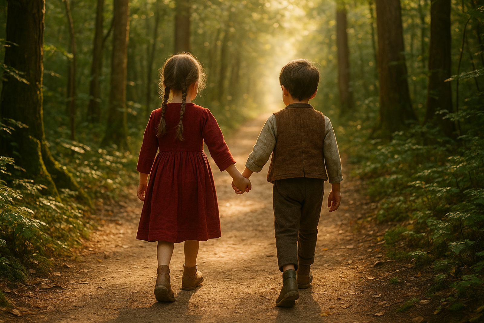 Ein Junge und ein Mädchen laufen Hand in Hand durch einen Wald.