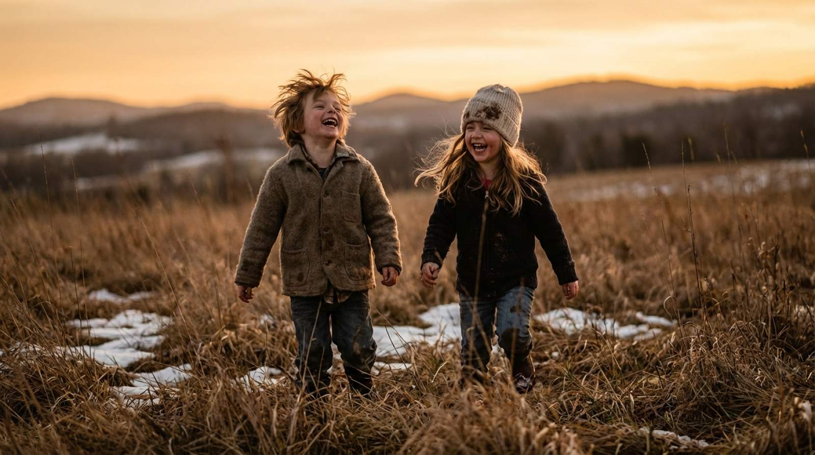 Zwei Kinder stehen zusammen auf einem großen Feld.