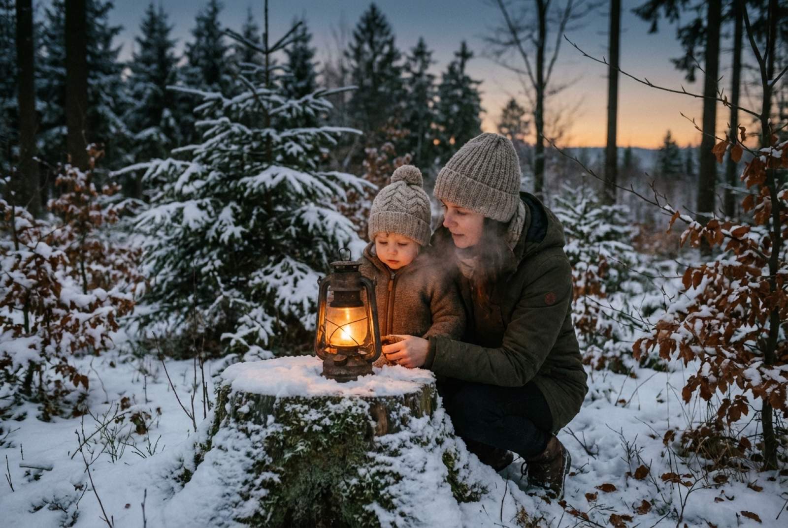 Eine Mutter ist mit ihrem Sohn im Wald und es Schneit.