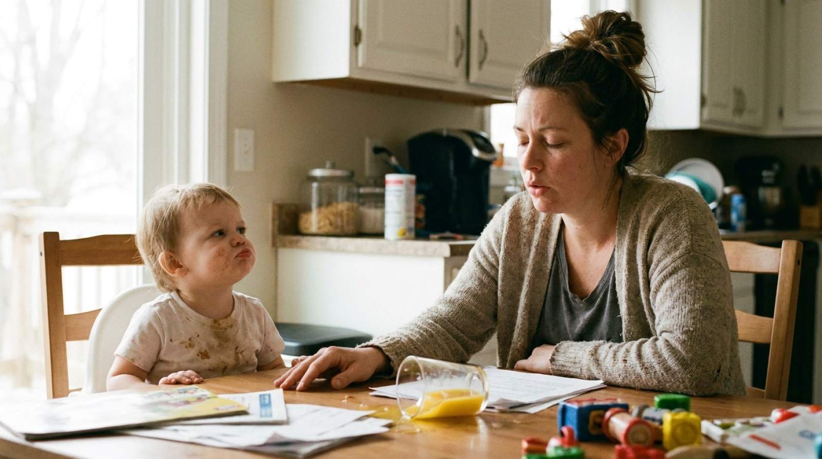 Eine Mutter sitzt mit ihrem Kind an einem chaotischen Tisch.