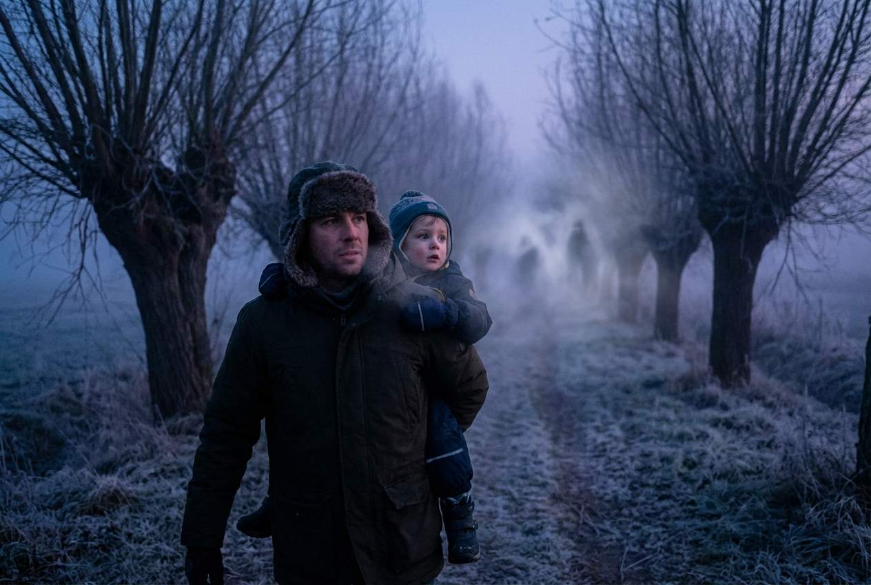 Ein Vater ist mit seinem Kind im Winter im Wald unterwegs