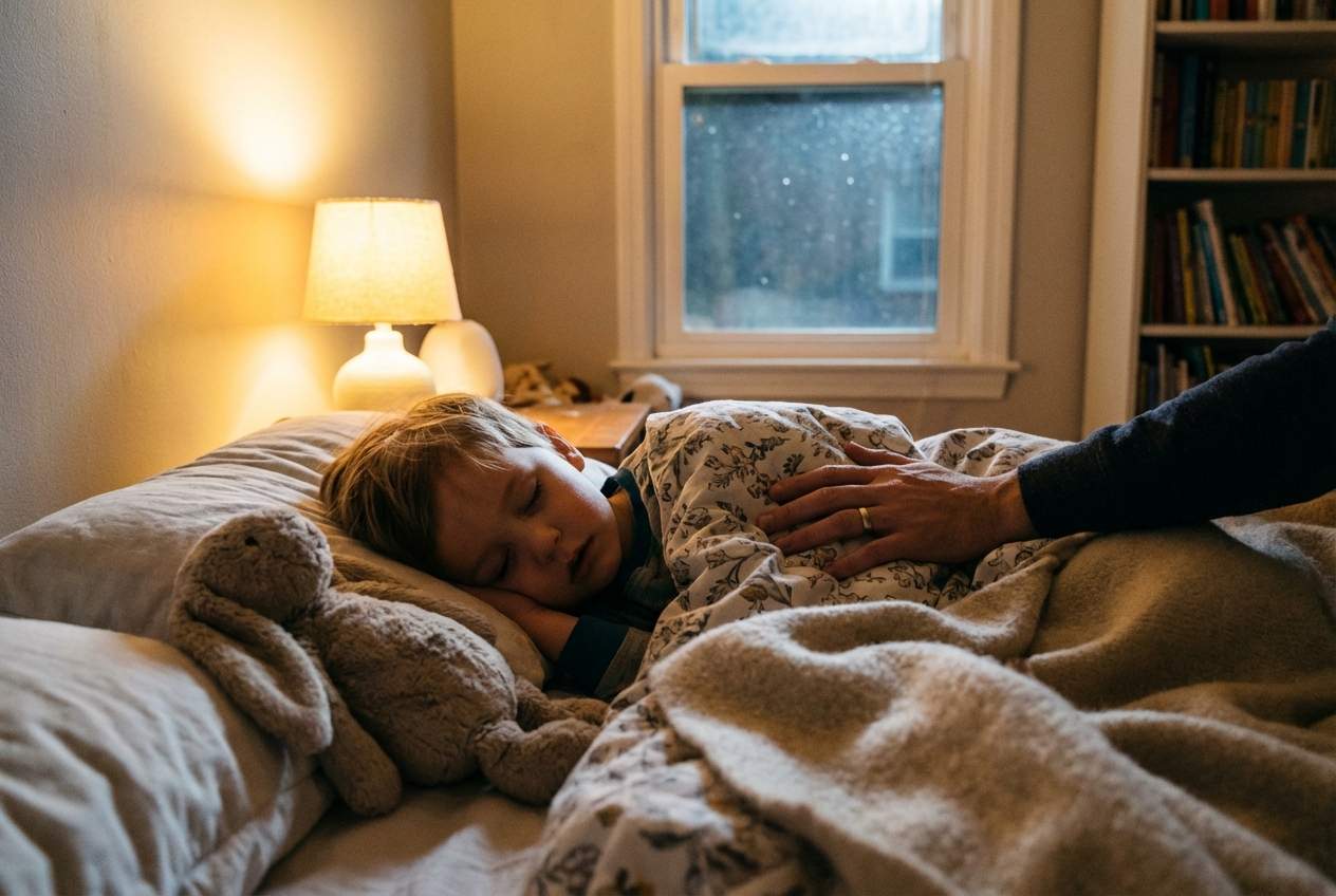 Ein kleiner Junge liegt schlafend im Bett und wird von den Eltern begleitet.