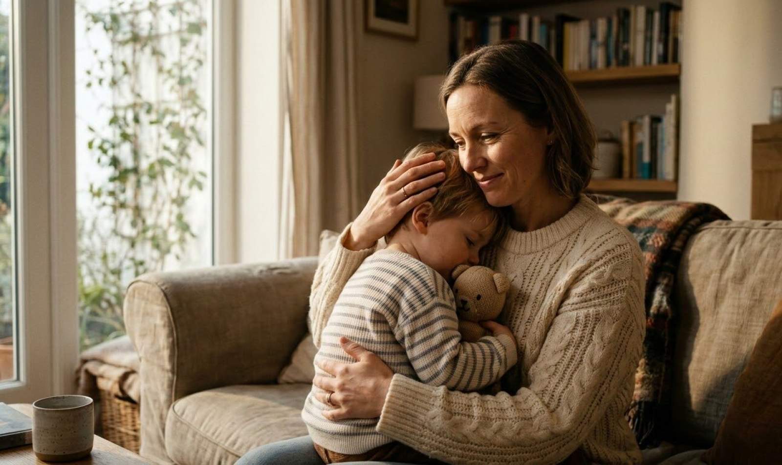 Eine Mutter hält zufrieden ihren Sohn im Arm.